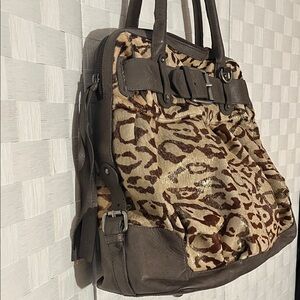 Leopard Print Leather Shoulder Bag with Dark Taupe  Accents